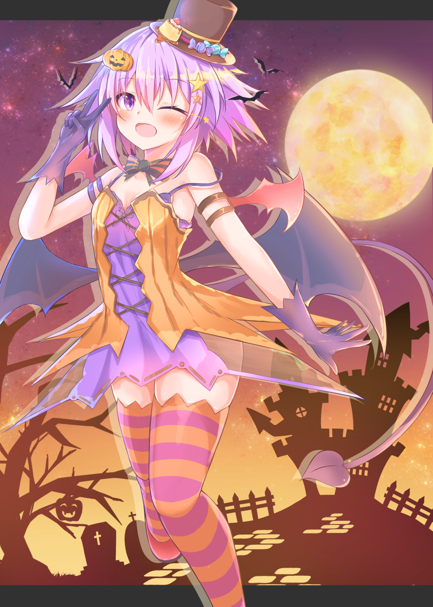 1girl, ;), alternate_costume, arm_up, bangs, bat, bat_wings, black_gloves