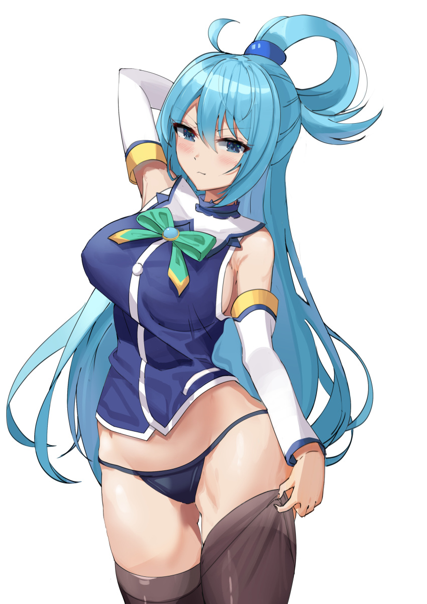 1girl, absurdres, aqua_(konosuba), arm_behind_head, blue_eyes, blue_panties, blush, breasts