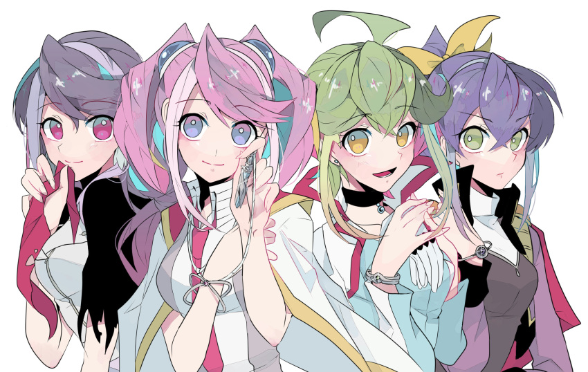 4girls, bracelet, bracelet_girls, choker, collar_up, cosplay, costume_switch, eyebrows_visible_through_hair, gradient_eyes, green_hair, grey_hair, hair_between_eyes, highres, hiiragi_yuzu, holding, holding_jewelry, holding_necklace, jacket, jacket_on_shoulders, jewelry, kurosaki_ruri, looking_at_viewer, multicolored, multicolored_eyes, multiple_girls, necklace, pendant, pink_hair, purple_hair, rin_(yu-gi-oh!), rin_(yuu-gi-ou_arc-v), sakaki_yuuya_(cosplay), serena_(yu-gi-oh!), serena_(yuu-gi-ou_arc-v), tasutekete, torn_clothes, white_background, yu-gi-oh!, yu-gi-oh!_arc-v, yuugo_(yu-gi-oh!)_(cosplay), yuuri_(yu-gi-oh!)_(cosplay), yuuto_(yu-gi-oh!)_(cosplay)