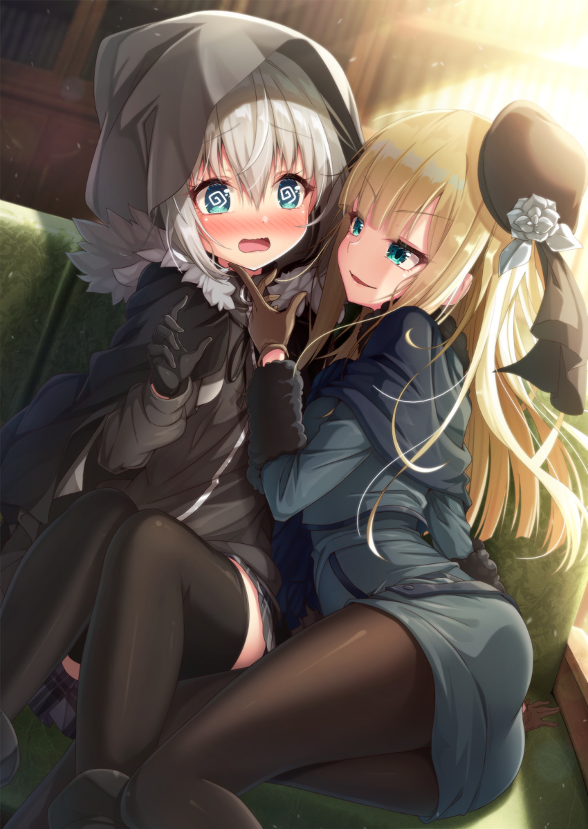 2girls, @_@, aqua_eyes, arm_support, ass, bad_proportions, bangs, black_cape
