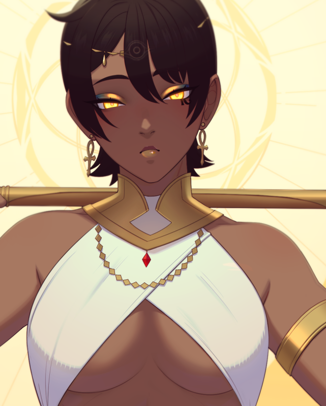 1girl, ankh, ankh_earrings, armlet, breasts, brown_hair, closed_mouth, dark_skin