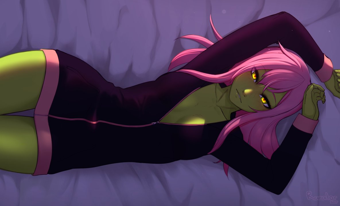 1girl, alisa_(razalor), breasts, commentary, cowboy_shot, english_commentary, glowing, glowing_eyes