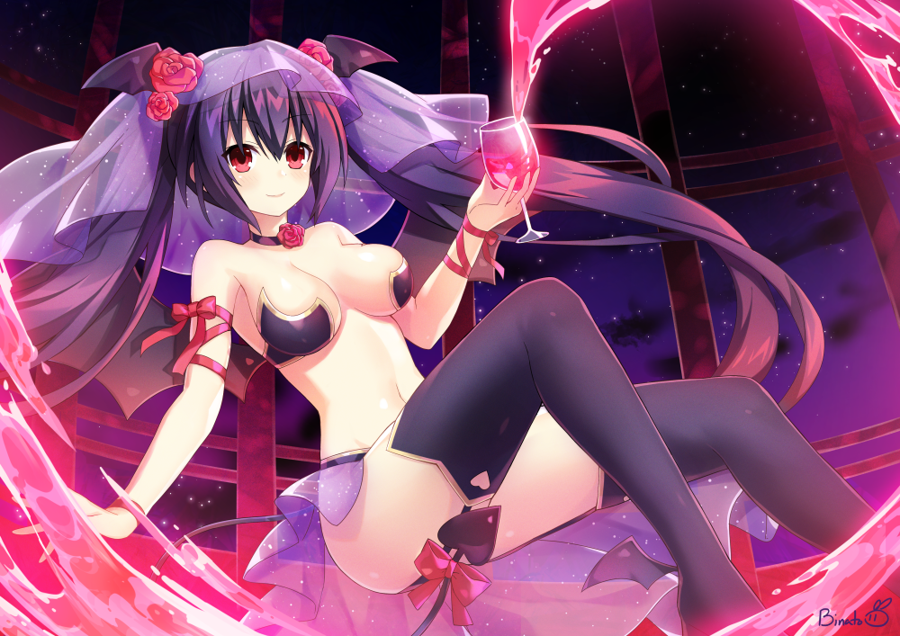 1girl, alternate_costume, bangs, bare_shoulders, bat_wings, binato_lulu, black_hair, black_legwear