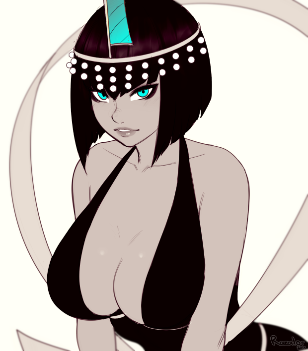 1girl, blue_eyes, bob_cut, breasts, dated, eliza_(skullgirls), halterneck, headband