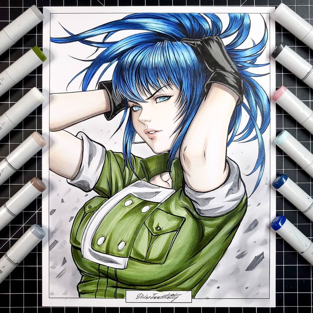1girl, adjusting_hair, bangs, black_gloves, blue_eyes, blue_hair, closed_mouth, earrings