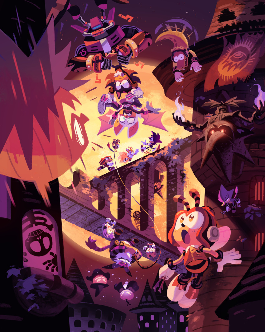 !, !?, :o, ?, absurdres, afterimage, amy_rose, animal_ears, bat_ears, bat_wings, belt, big_the_cat, black_fur, building, chao_(sonic), charmy_bee, cream_the_rabbit, dr._eggman, e-123_omega, english_commentary, espio_the_chameleon, everyone, expressionless, fire, fishing_rod, flying, full_moon, furry, ghost, gloves, green_eyes, halloween, headphones, highres, horns, jack-o'-lantern, knuckles_the_echidna, looking_up, metal_sonic, moon, nathalie_fourdraine, night, night_sky, official_art, open_mouth, optical_illusion, orange_eyes, outdoors, pink_fur, pointing, pumpkin, purple_fur, rabbit_ears, red_eyes, robot, rouge_the_bat, running, scared, sega, shadow_the_hedgehog, shoe_soles, shoes, single_horn, skeleton, sky, sneakers, sonic, sonic_(series), sonic_team, sonic_the_hedgehog, sonic_the_hedgehog_official, star_(sky), starry_sky, statue, sweat, tails_(sonic), tower, upside-down, vector_the_crocodile, wide-eyed, window, wings