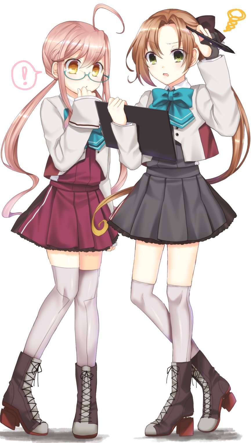 !, 2girls, ahoge, akigumo_(kantai_collection), black_gloves, blazer, blonde_hair, blue-framed_eyewear