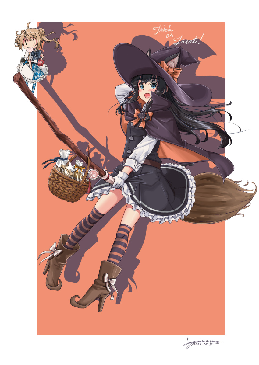 2girls, absurdres, animal_ears, asashio_(kantai_collection), basket, black_cape, black_hair, blue_eyes, boots, border, broom, broom_riding, brown_footwear, cape, cat_ears, cat_tail, commentary_request, double_bun, dress, frilled_dress, frills, full_body, hat, highres, kantai_collection, light_brown_hair, long_hair, long_sleeves, michishio_(kantai_collection), minigirl, multiple_girls, official_alternate_costume, orange_background, pinafore_dress, remodel_(kantai_collection), sagoromo_04, shirt, short_twintails, striped, striped_legwear, tail, thigh-highs, twintails, two-tone_background, white_border, white_dress, white_shirt, witch_hat, |_|