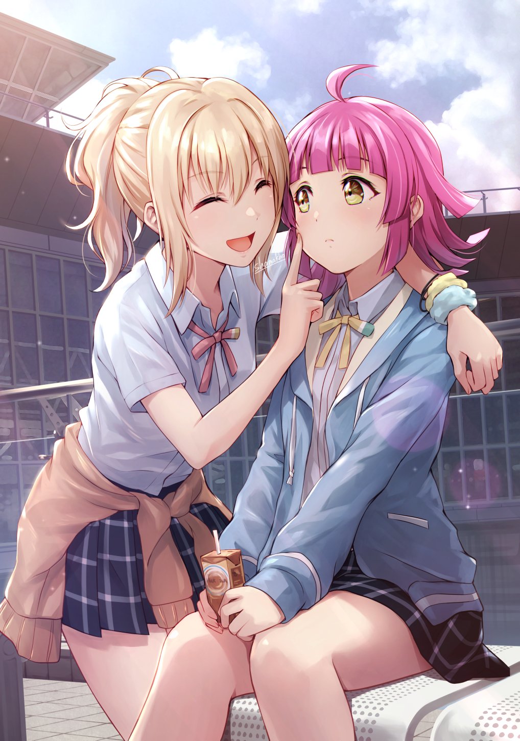 2girls, blonde_hair, blush, closed_eyes, day, highres, long_hair, long_sleeves