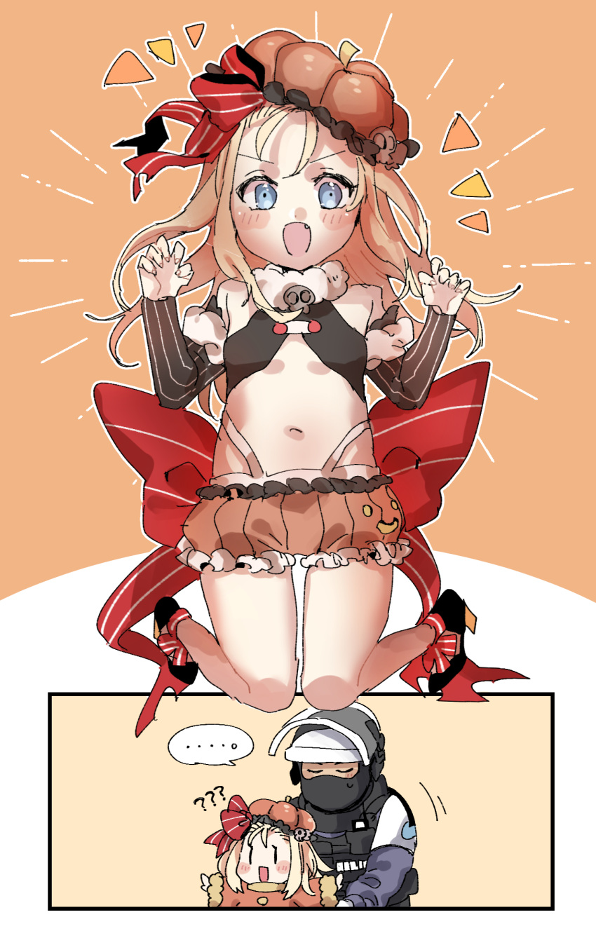 1boy, 1girl, alternate_costume, blonde_hair, blue_eyes, blush, chibi, crossover