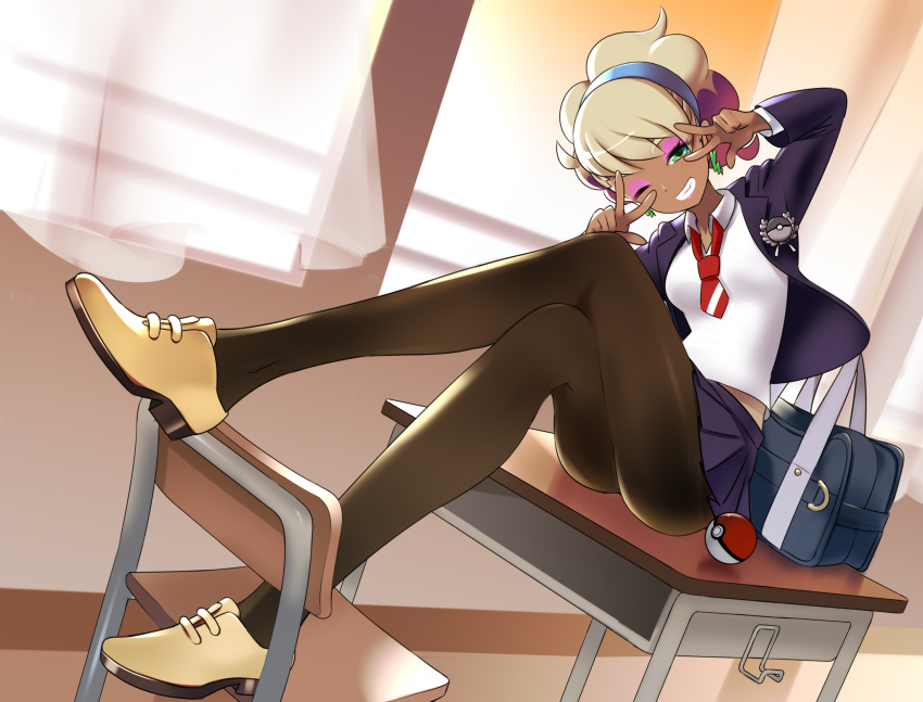 1girl, bag, blonde_hair, brown_legwear, chair, classroom, collared_shirt, commentary_request