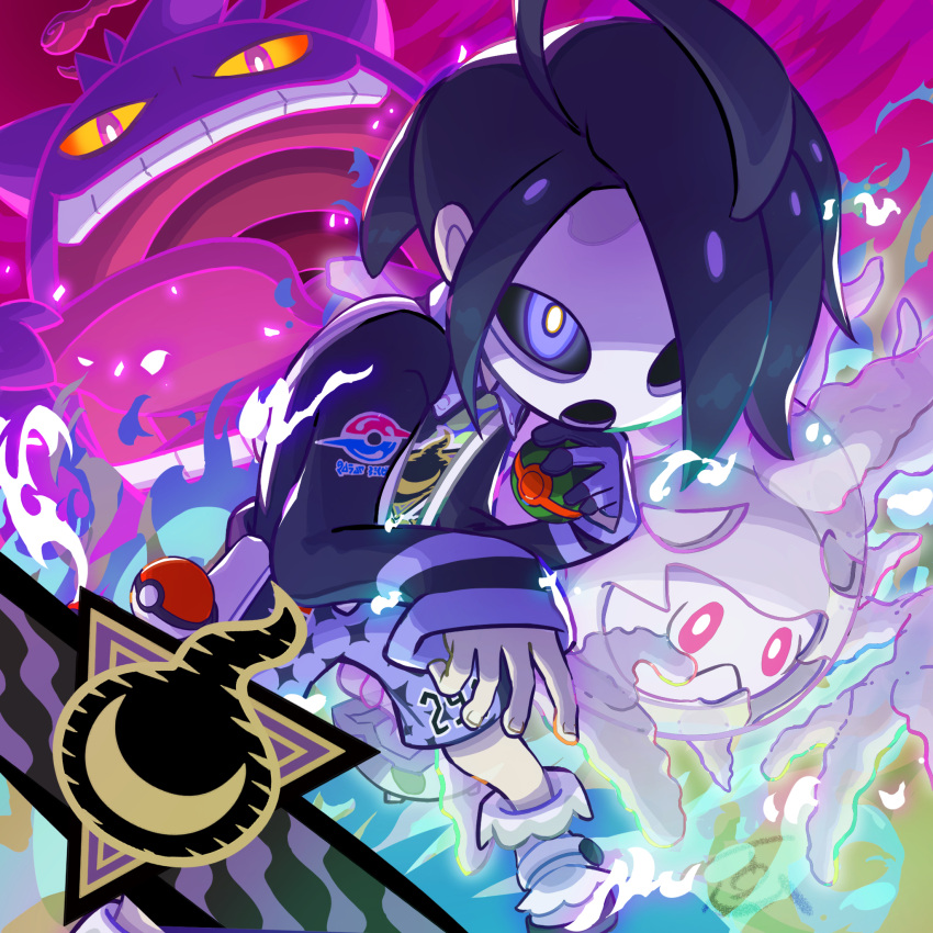 1boy, ahoge, allister_(pokemon), black_hair, collared_shirt, commentary_request, cursola, dusk_ball