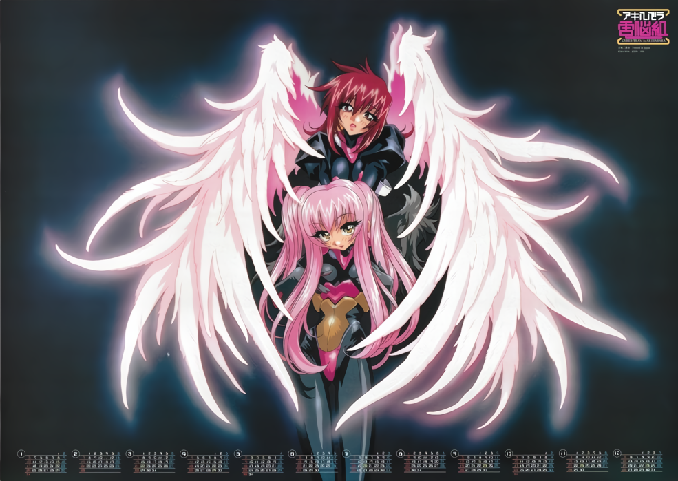 1990s_(style), 2girls, akihabara_dennou_gumi, aphrodite_(akihabara_dennou_gumi), bodysuit, calendar_(medium), eyebrows_visible_through_hair, feathered_wings, hanakoganei_hibari, kotobuki_tsukasa, logo, long_hair, multiple_girls, official_art, ootorii_tsubame, pink_hair, red_eyes, redhead, white_wings, wings, yellow_eyes