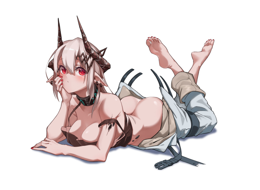 1girl, arknights, bare_back, barefoot, black_bra, black_sports_bra, bra, breasts, demon_girl, demon_horns, feet, feet_up, horns, looking_at_viewer, mudrock_(arknights), no_panties, pants, pixiv18254071, pointy_ears, red_eyes, silver_hair, simple_background, soles, sports_bra, tank_top, underwear, white_background