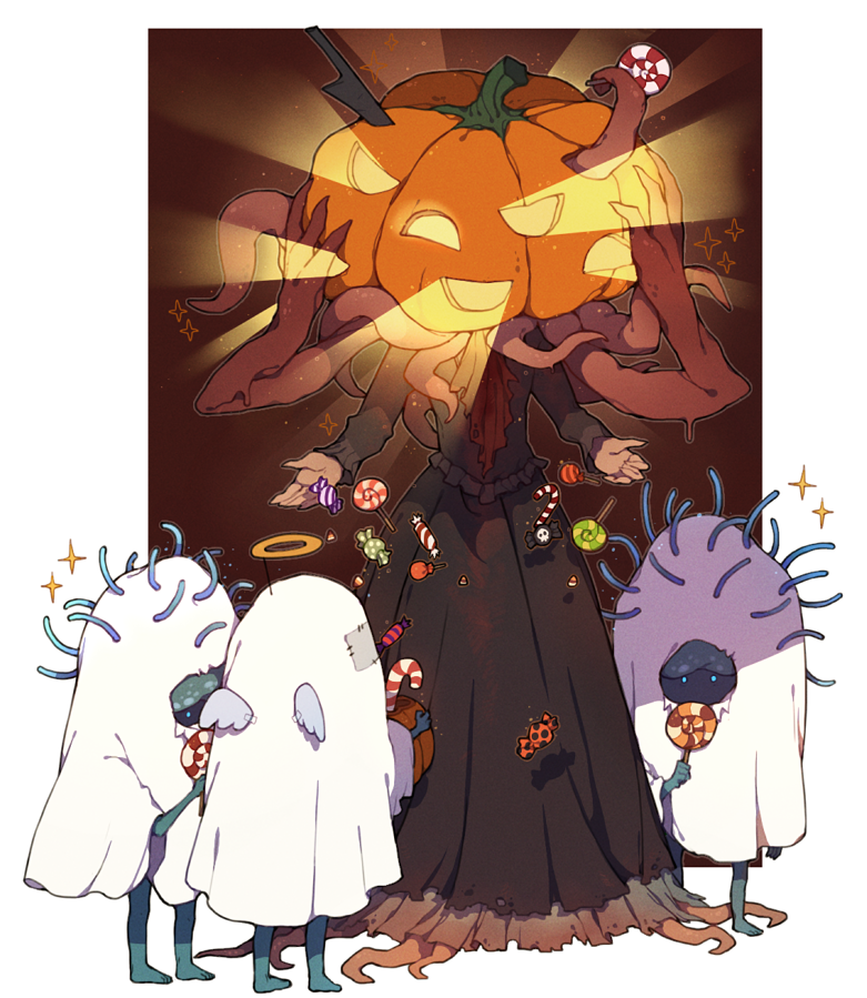 1girl, 3others, bloodborne, candy, candy_cane, celestial_emissary, donar0217, dress