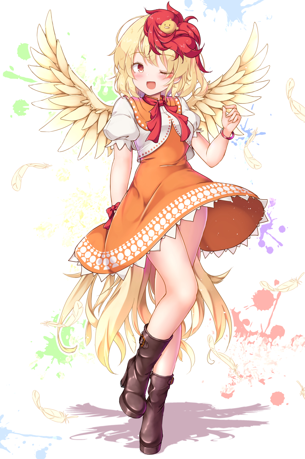 1girl, ;d, aka_tawashi, bare_legs, bird, bird_wings, blonde_hair, blush