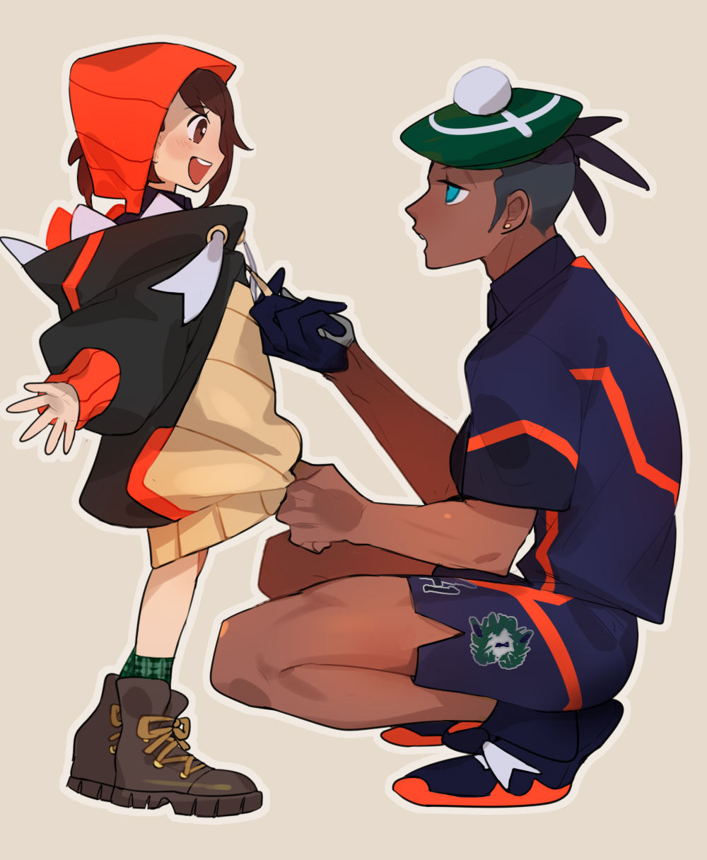 1boy, 1girl, aqua_eyes, black_hair, black_hoodie, boots, brown_eyes, brown_footwear, brown_hair, commentary_request, cosplay, dark_skin, dark_skinned_male, earrings, gloria_(pokemon), gloves, green_headwear, green_legwear, hat, highres, hood, hoodie, jewelry, open_mouth, orange_headwear, picube525528, plaid, plaid_legwear, pokemon, pokemon_(game), pokemon_swsh, raihan_(pokemon), raihan_(pokemon)_(cosplay), shoes, short_hair, shorts, side_slit, side_slit_shorts, single_glove, socks, standing, tam_o'_shanter, teeth
