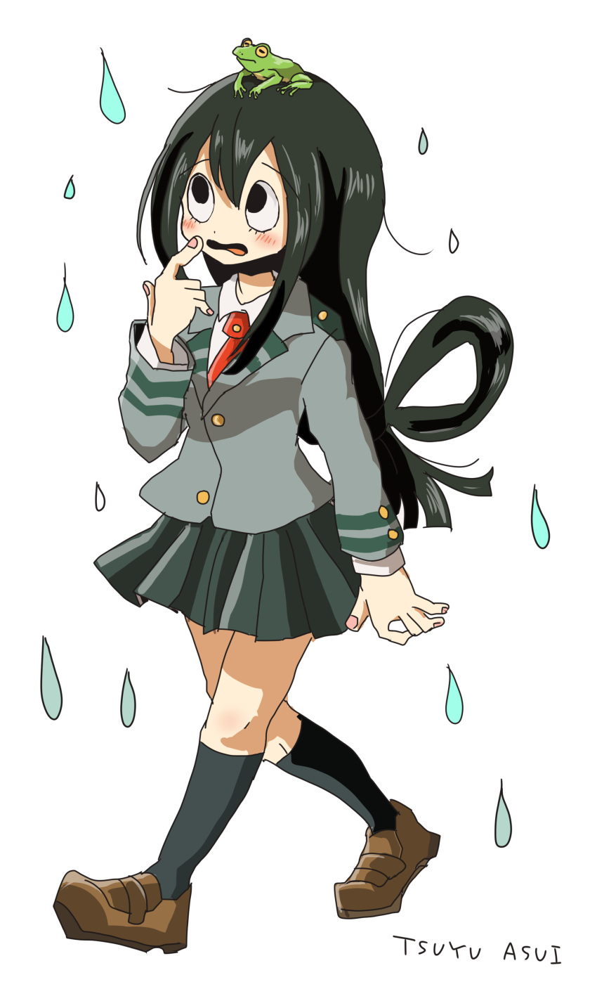 1girl, absurdres, arm_at_side, arm_up, asui_tsuyu, bangs, black_eyes, black_legwear, blush, boku_no_hero_academia, brown_footwear, buttons, character_name, fingernails, frog, frog_on_head, full_body, green_skirt, grey_shirt, hair_between_eyes, hair_rings, hand_to_own_mouth, highres, kneehighs, loafers, long_hair, long_sleeves, looking_up, low-tied_long_hair, manmi, necktie, nervous, pink_nails, pleated_skirt, red_neckwear, school_uniform, shirt, shoes, skirt, solo, u.a._school_uniform, very_long_hair, walking, water_drop