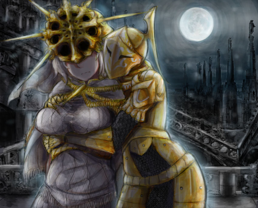 2girls, arm_under_breasts, breasts, covered_eyes, dark_souls, dark_sun_gwyndolin, dress, full_moon