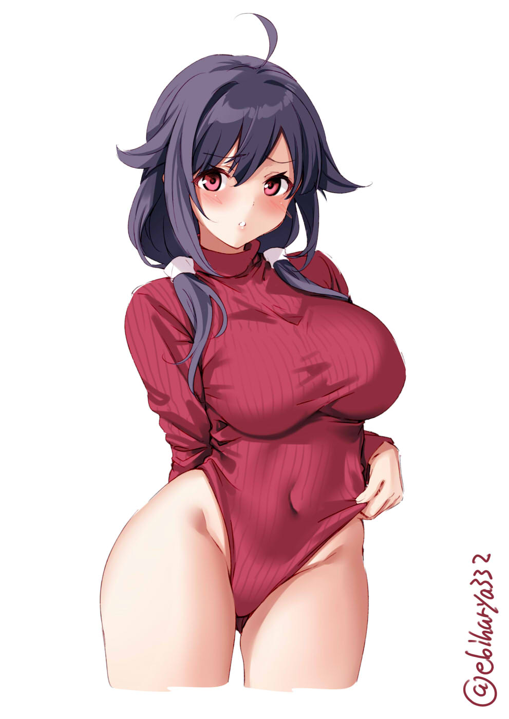 1girl, ahoge, blush, breasts, cowboy_shot, dress, ebifurya, hair_flaps