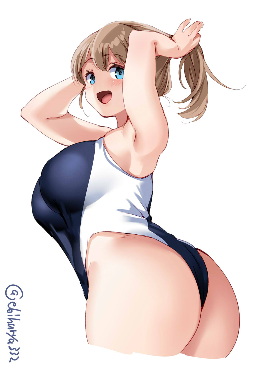 1girl, alternate_costume, ass, back, blue_eyes, blue_swimsuit, blush, breasts