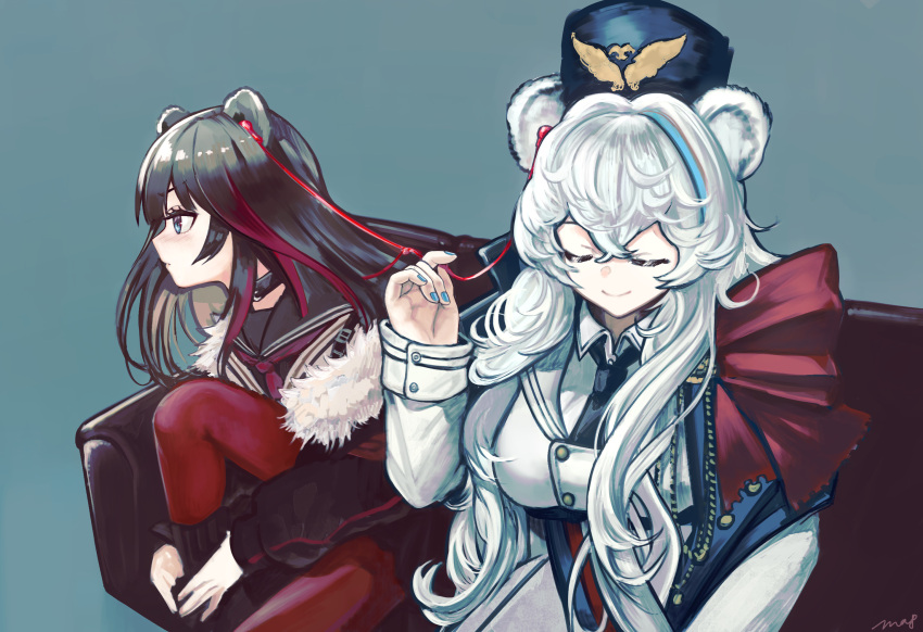 2girls, animal_ears, arknights, bangs, bear_ears, black_sailor_collar, blue_background, blue_eyes