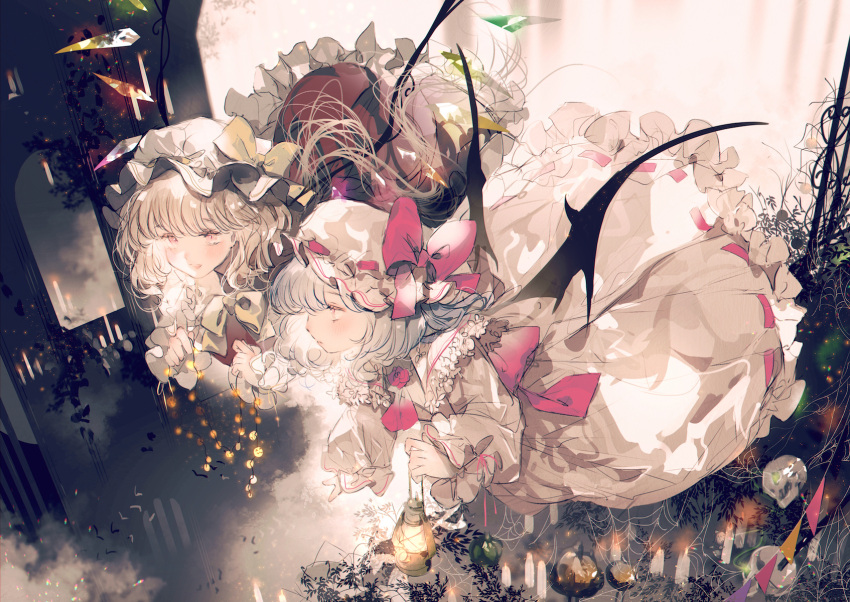 2girls, ascot, bat_wings, blonde_hair, blush, bow, candle, cirno