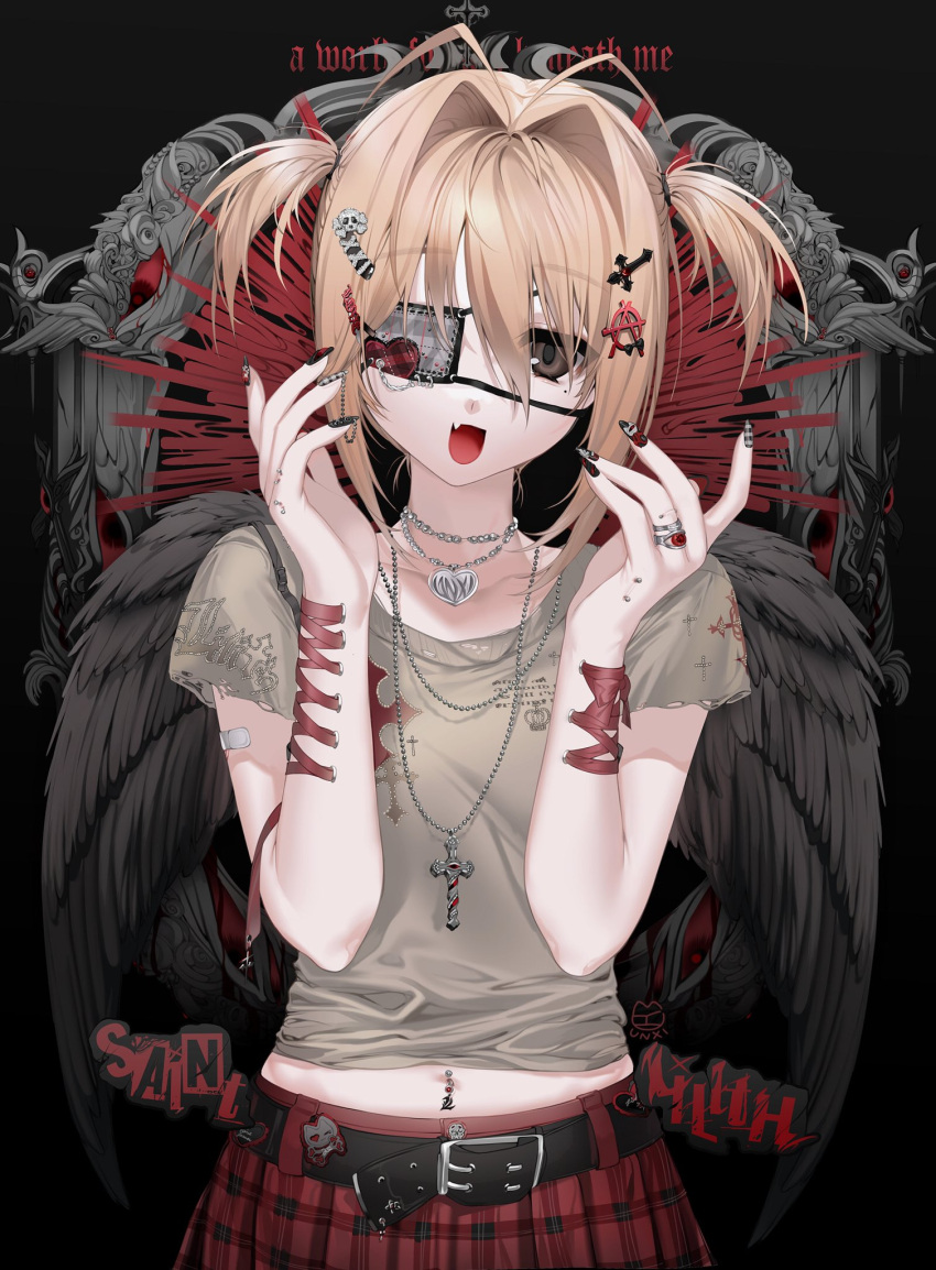 1girl, :d, angel_wings, antenna_hair, artist_name, bandaid, belt, black_background
