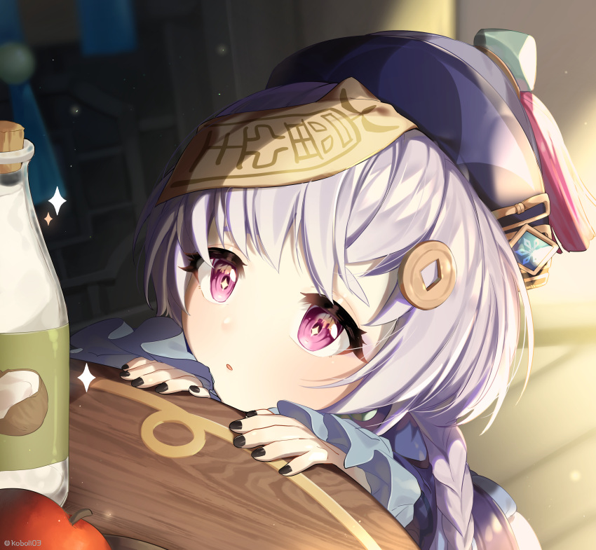 1girl, absurdres, apple, begging, black_nails, blurry, blurry_background, bottle