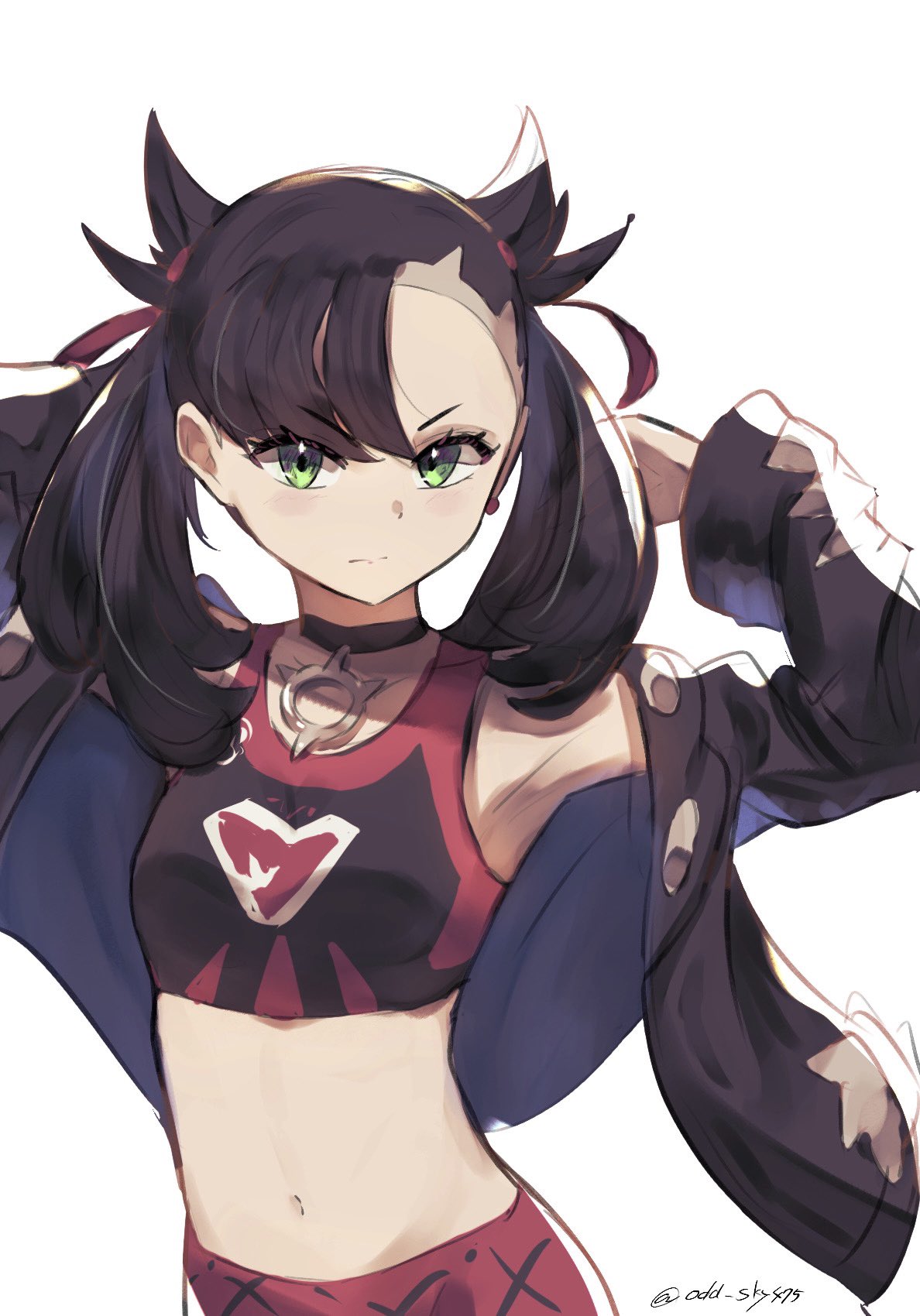 1girl, asymmetrical_bangs, bangs, black_choker, black_hair, black_jacket, blush, breasts