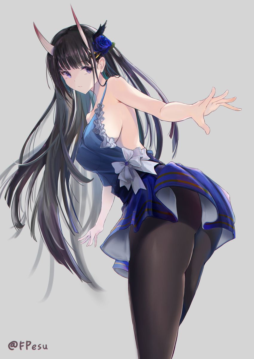 1girl, absurdres, artist_name, ass, azur_lane, black_hair, blue_dress, blue_flower
