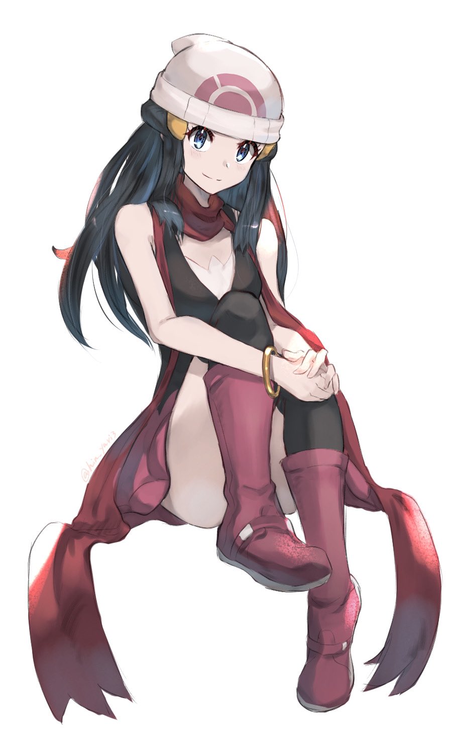1girl, beanie, black_hair, blush, boots, bracelet, closed_mouth, commentary_request