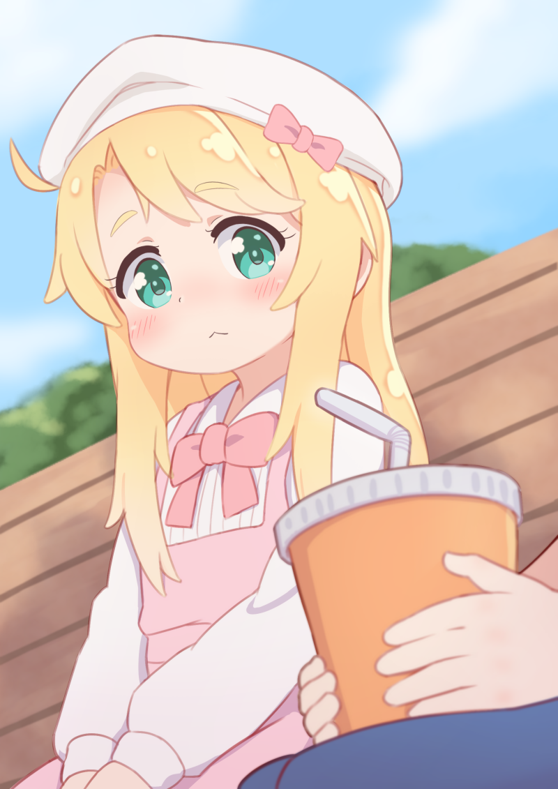 2girls, :<, bangs, bench, blonde_hair, blush, bow, child, closed_mouth, clouds, commentary_request, cup, day, disposable_cup, dress, drinking_straw, eyebrows_visible_through_hair, green_eyes, hat, hat_bow, hatafuta, himesaka_noa, holding, holding_cup, hoshino_hinata, long_hair, long_sleeves, looking_at_viewer, multiple_girls, out_of_frame, park_bench, pink_bow, pink_dress, shirt, sitting, sky, sleeveless, sleeveless_dress, solo_focus, thick_eyebrows, very_long_hair, watashi_ni_tenshi_ga_maiorita!, white_headwear, white_shirt