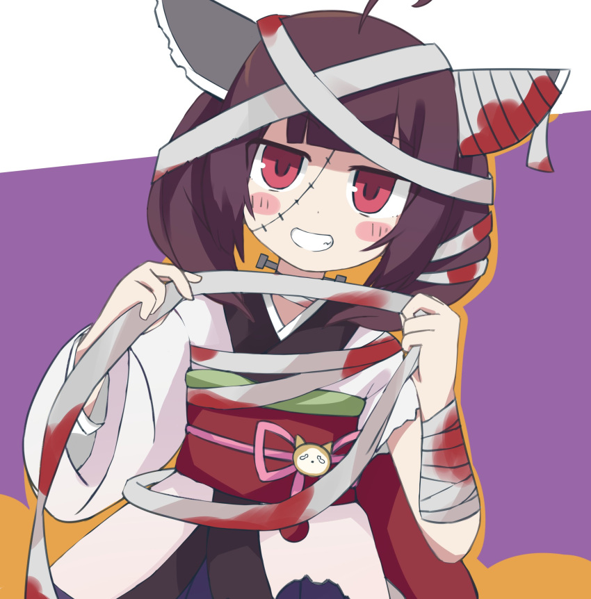 1girl, bandaged_arm, bandaged_head, bandages, bangs, blood, blood_on_arm, bloody_bandages