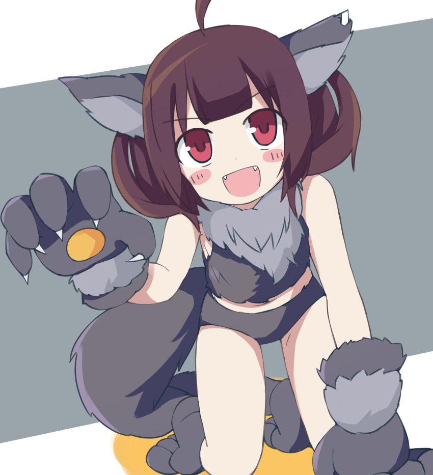 1girl, ahoge, all_fours, animal_costume, animal_ears, bangs, blunt_bangs, blush_stickers