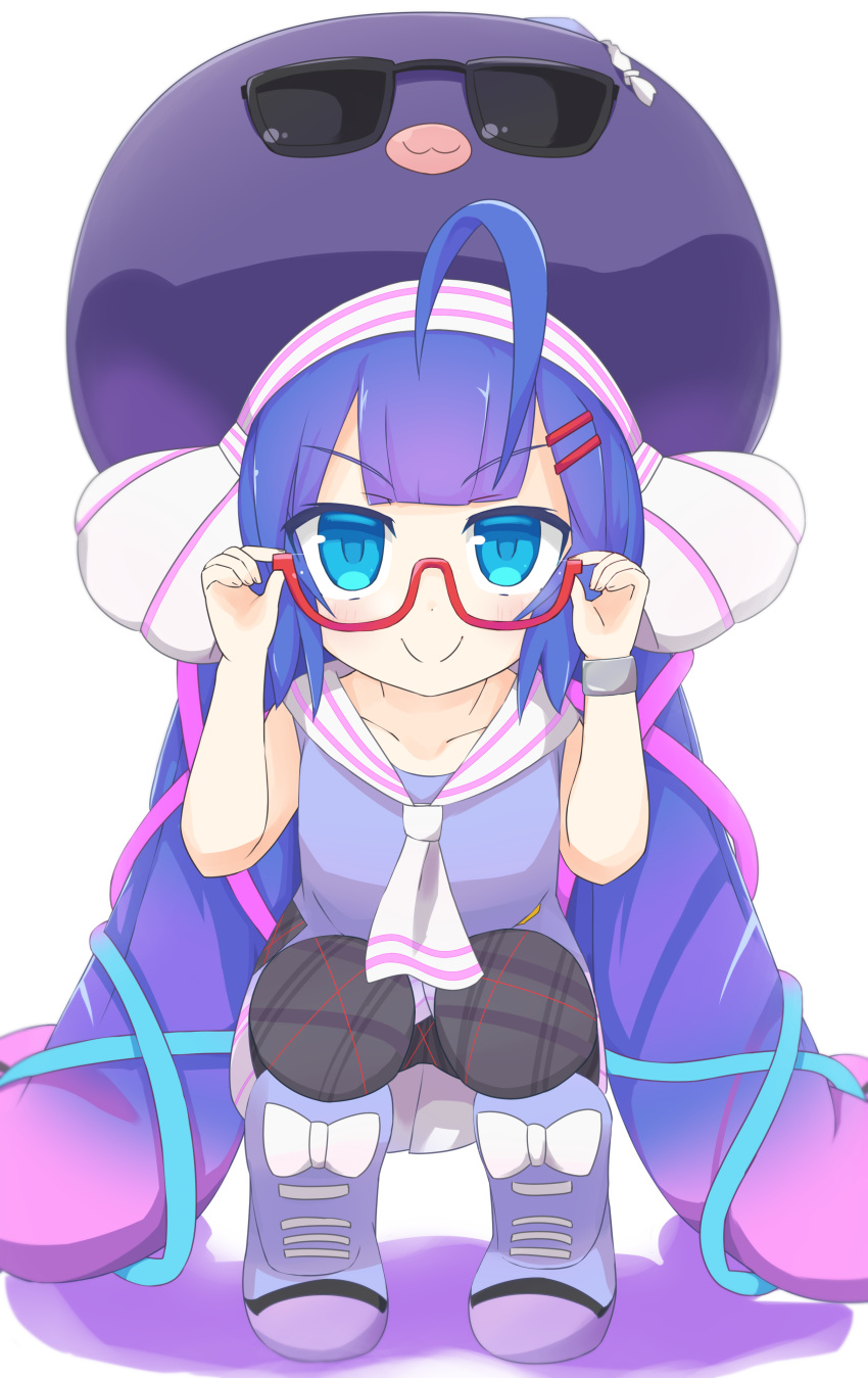 1girl, absurdres, adjusting_eyewear, ahoge, ascot, bangs, blue_eyes, blue_footwear