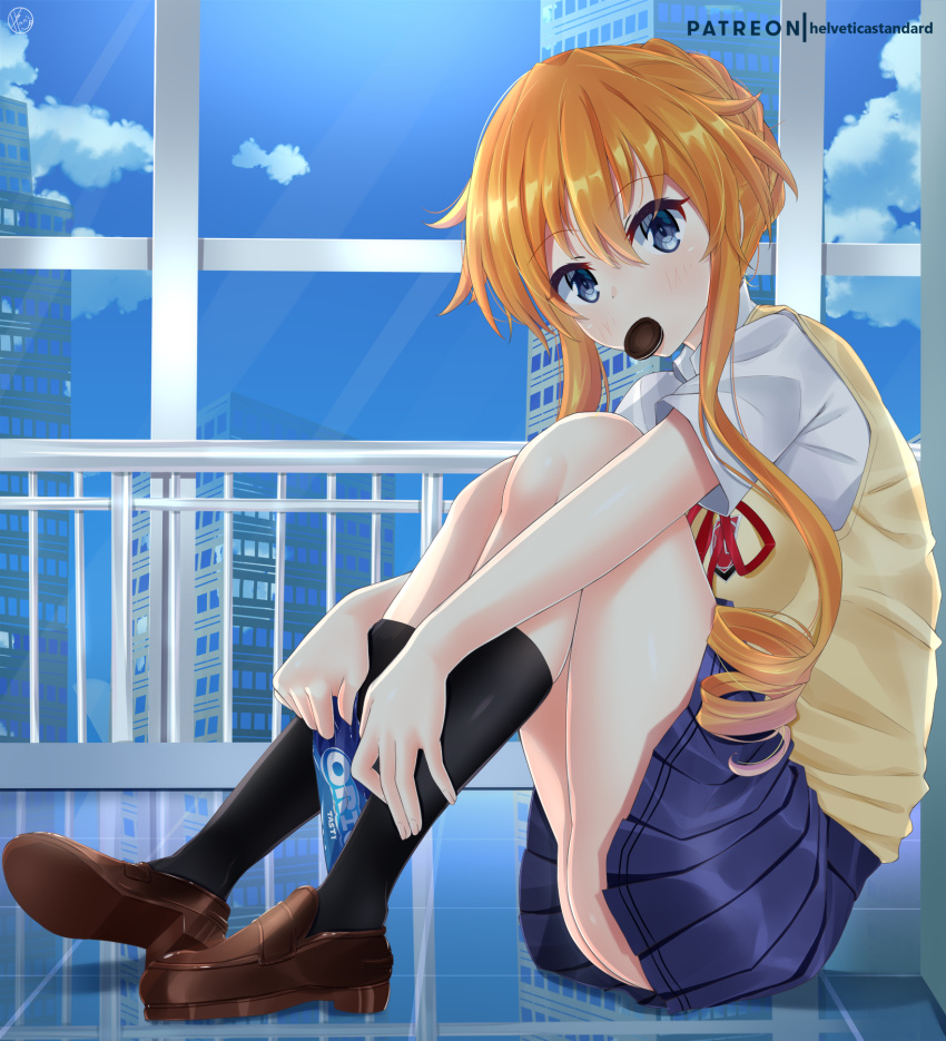 1girl, bangs, black_legwear, blue_eyes, blue_skirt, blush, breasts, building