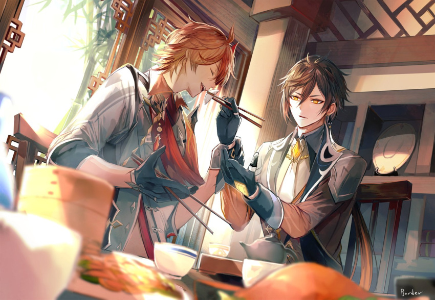 2boys, bangs, black_gloves, black_hair, blurry, blurry_foreground, border0715, bowl