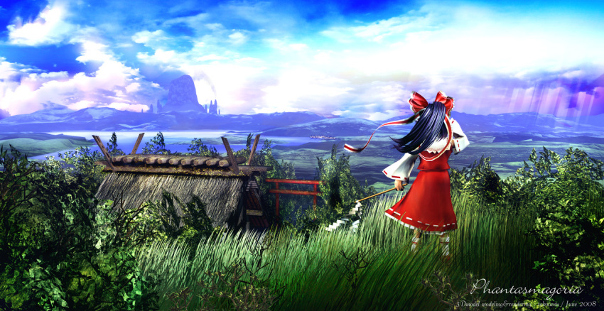 1girl, black_hair, clouds, detached_sleeves, gensoukyou, gohei, grass, hair_ribbon