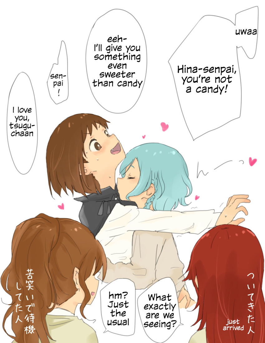 2girls, aqua_hair, bang_dream!, blush, brown_hair, closed_eyes, costume, fangs