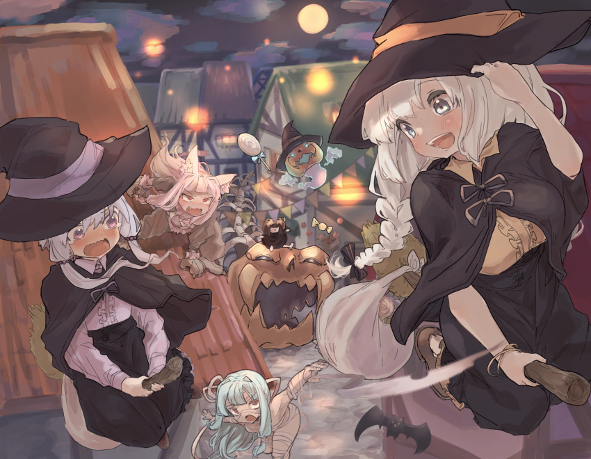 5girls, animal_ears, bag, bandaged_arm, bandaged_leg, bandages, black_capelet, black_headwear