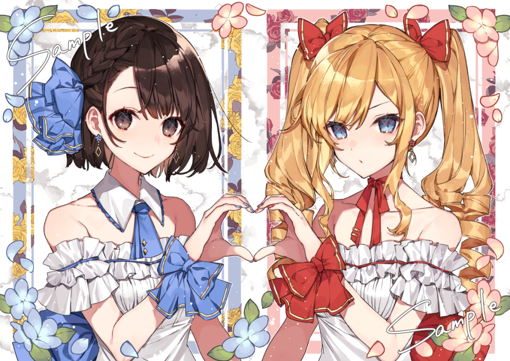 2girls, blonde_hair, blue_eyes, blush, braid, brown_eyes, brown_hair, claire_francois