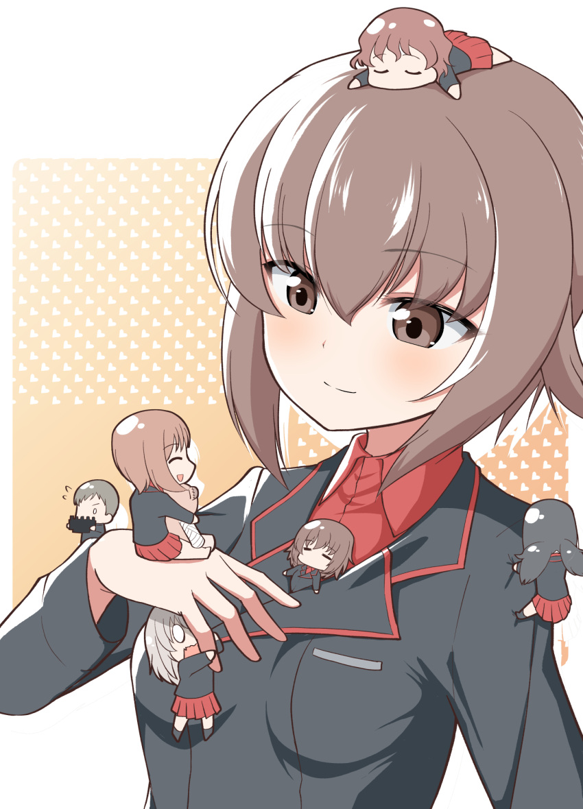 0_0, akaboshi_koume, bangs, black_jacket, boko_(girls_und_panzer), brown_eyes, brown_hair, chibi