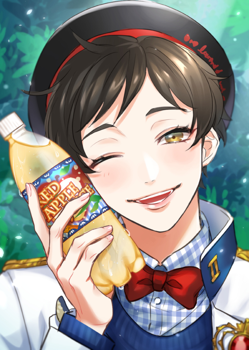 1boy, apple_juice, black_headwear, bottle, bottle_to_cheek, bow, brand_name_imitation, brown_eyes
