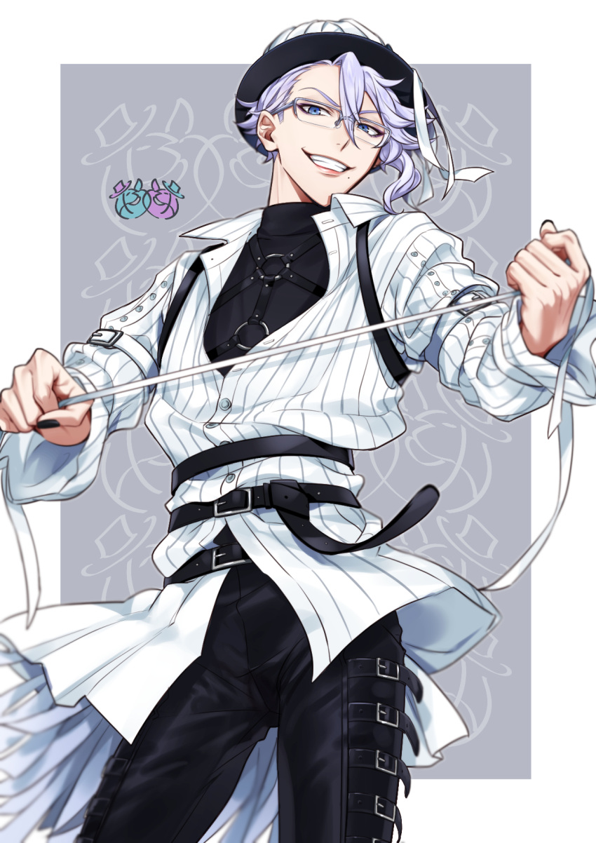 1boy, azul_ashengrotto, belt, black_pants, blue_eyes, glasses, grey_background, grin, hat, highres, imra_(punky_jam), long_sleeves, looking_at_viewer, male_focus, o-ring, pants, purple_hair, shirt, smile, solo, standing, twisted_wonderland, white_headwear, white_shirt