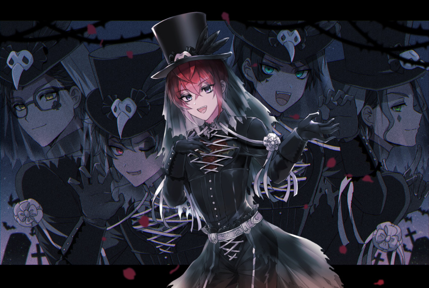 5boys, :d, ace_trappola, aqua_eyes, ari_(bleum), black_gloves, black_headwear, black_pants