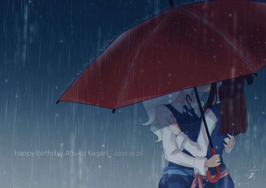 2girls, blonde_hair, blue_background, brown_hair, covered_eyes, diana_cavendish, highres, imminent_kiss, kagari_atsuko, kiss, little_witch_academia, luna_nova_school_uniform, mochirou_(giri_choco_inverse), multicolored_hair, multiple_girls, obscured, rain, school_uniform, simple_background, two-tone_hair, umbrella, uniform, water_drop, wavy_hair, yuri