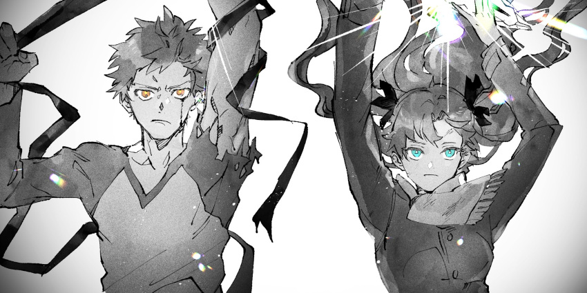 1boy, 1girl, arm_above_head, bandages, blue_eyes, emiya_shirou, fate/stay_night, fate_(series)