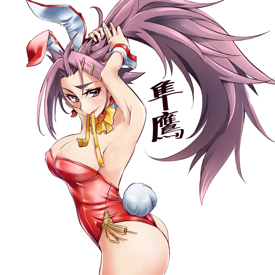 1girl, animal_ears, bow, bowtie, character_name, commentary_request, cowboy_shot, fake_animal_ears, hair_ornament, hairclip, holding, holding_hair, jun'you_(kantai_collection), kantai_collection, leotard, long_hair, looking_at_viewer, magatama, playboy_bunny, ponytail, purple_hair, rabbit_ears, red_leotard, solo, strapless, strapless_leotard, thick_eyebrows, uzuki_kosuke, violet_eyes, yellow_neckwear