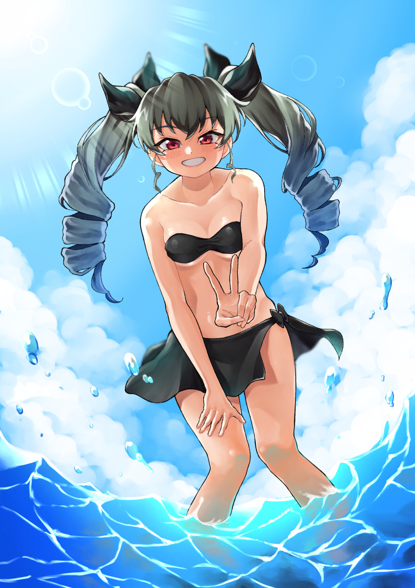 1girl, absurdres, anchovy_(girls_und_panzer), bangs, bikini, black_bikini, black_ribbon, black_sarong